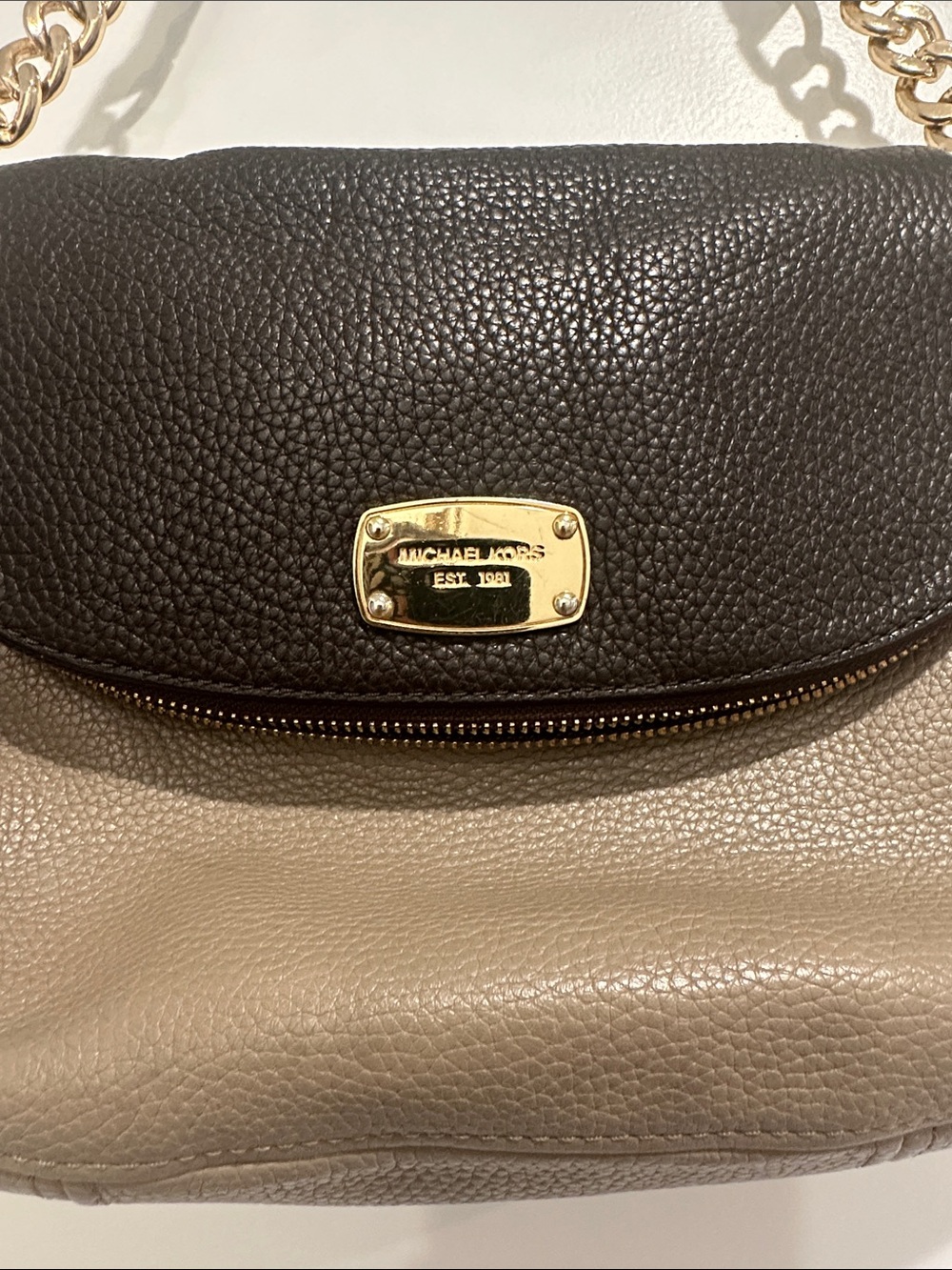 Michael Kors Two-Tone Pebbled Leather Shoulder Bag in Dark Brown & Taupe - Picture 2 of 6